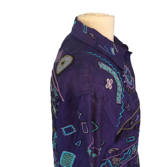 Chico's Design Womens Purple Teal Embroidered Boho Silk Jacket Blazer 1, 40 bust - Picture 6 of 10